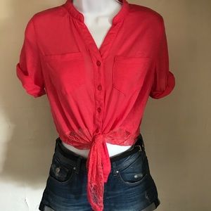 Women’s front-tie lace short sleeve tee, pink